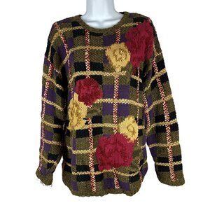 Vintage Chaus Sport Plaid Floral Sweater M Rame/Cotton Blend Hand Wash Only